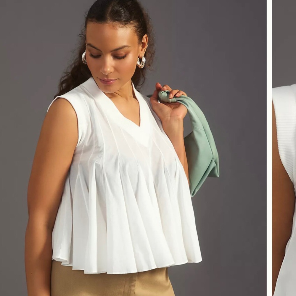 Anthropologie Ashish N Soni White Baby Doll Swing Top Poplin v neck cropped 1X